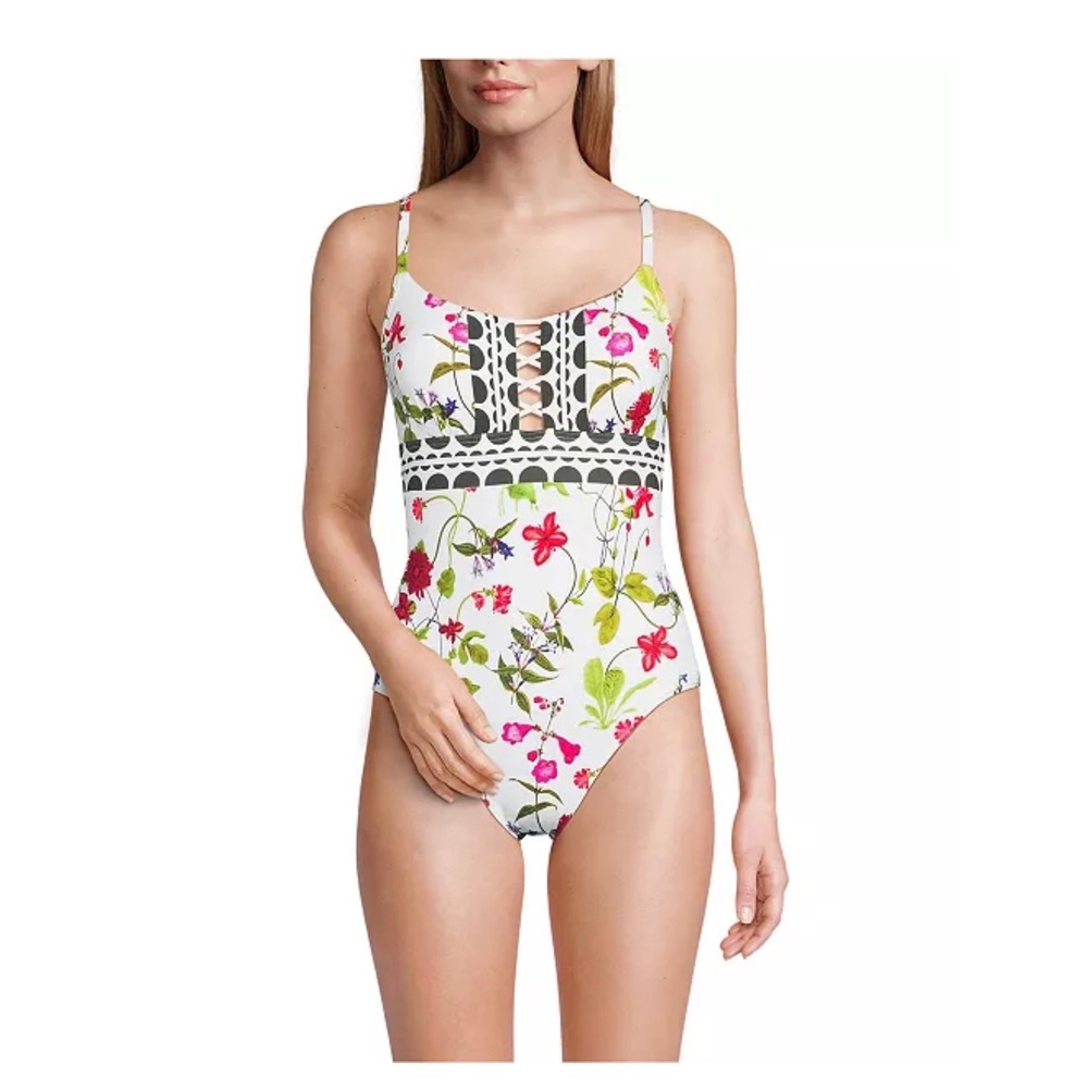 Lands' End Floral Lace Up One Piece Swimsuit White Mulit‎ Garden Floral 8L